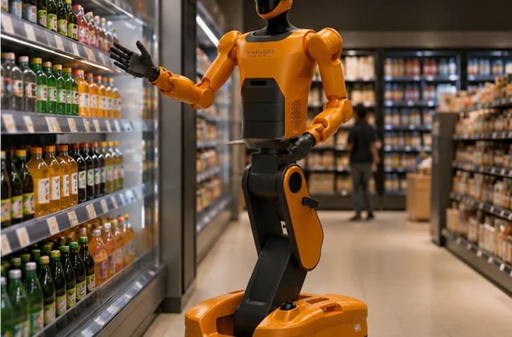 店舗の商品棚で作業するヒューマノイド